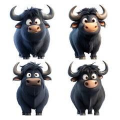 Cartoon Buffalos with Expressive Faces on Transparent Background