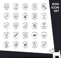 Icon set components of a dog's health. The main advantages from a balanced food or supplement. Each icon is designed with lines and a modern aesthetic, making them perfect for pet health products. EPS