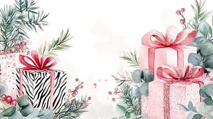 Delicate watercolor presents in pink glitter and zebra print are arranged amid lush evergreen sprigs and eucalyptus. Festive elements create a joyful holiday atmosphere perfect for celebrations