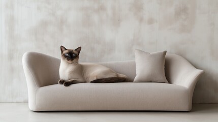 A graceful Siamese cat rests on a contemporary sofa surrounded by subdued colors and balanced shadows. The soft lighting creates a peaceful and inviting atmosphere in the room