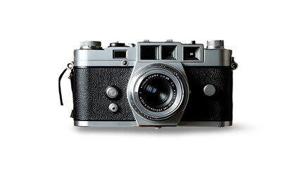 Vintage film camera with leather strap and classic design, isolated on white background