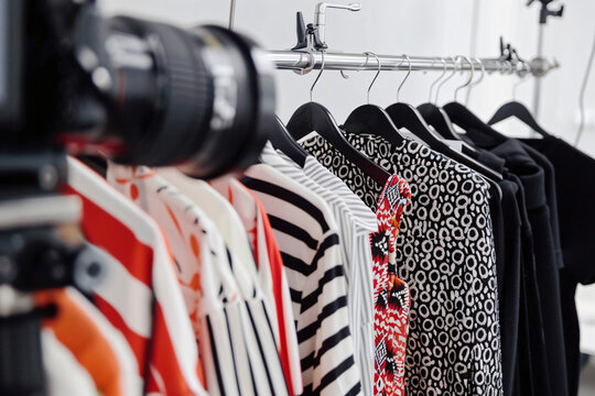 a fashion blogger recording try-on haul, multiple outfits visible on rack