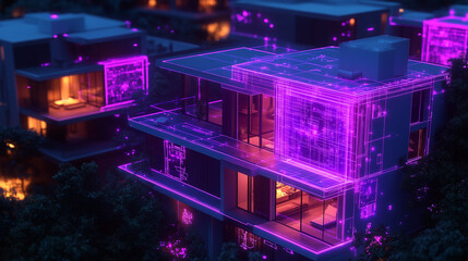 Obraz premium High-Tech Smart Home at Night with Glowing AI Control Panels, Wireframe Neon Connections, Aerial View of Connected Devices & Futuristic Gadgets