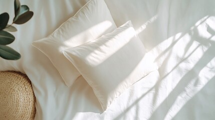 Cozy White Bed with Pillows and Sunlight - Serene Bedroom Decor