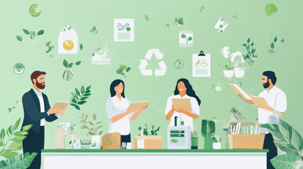 A green startup developing eco-friendly products, with employees testing materials and ensuring they meet environmental standards