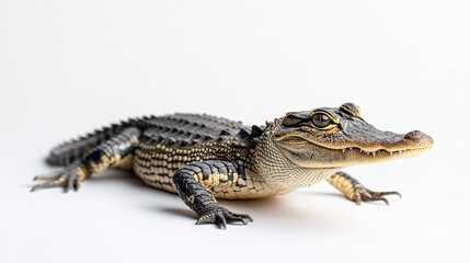 Naklejka premium Baby Alligator: A Close-Up Portrait on White Background