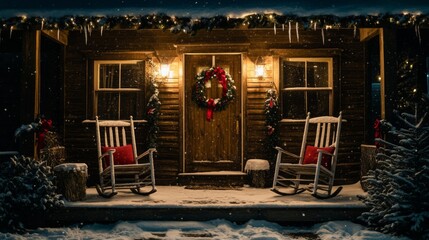 A Snowy Night on a Cabin Porch with Rocking Chairs and Christmas Decorations
