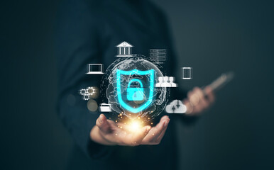 Cyber ​​security protection concept, personal data protection and financial transaction protection. Security lock technology protects personal information on smartphones..