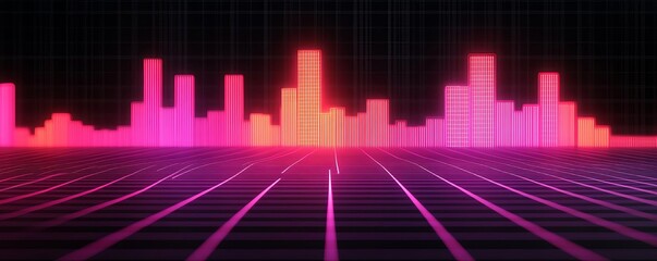 Naklejka premium Vivid audio waveform, neon colors, futuristic digital landscape.