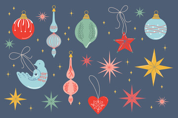 Happy holidays elements set. Cute vintage Christmas baubles, stars and toys. Scandinavian Xmas objects for interior decoration. Hand drawn flat design vector illustration.
