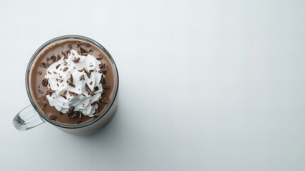 Delicious hot chocolate topped with whipped cream and chocolate shavings served in a clear glass on a minimalist surface