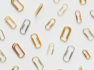 A flat lay of gold, silver, and rose gold paper clips on a white background.