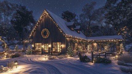 Fototapeta premium A Cozy Cabin Adorned with Christmas Lights and Decorations in a Snowy Night Landscape