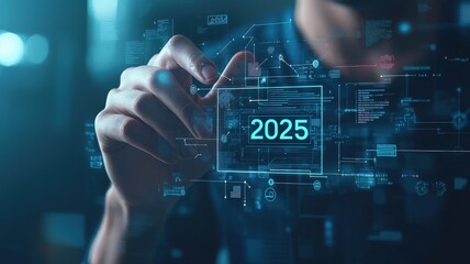 2025 goal milestones concept. A futuristic hand interacts with digital data, highlighting the year 2025 amidst a backdrop of technology and innovation.