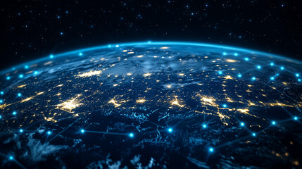 Night planet earth from space with light lines of communication and connection. Business and finance, concept. Global communications system and the World Wide Web. Technologies and communications. © Pickoloh