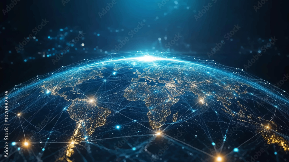 Wall mural night planet earth from space with light lines of communication and connection. business and finance