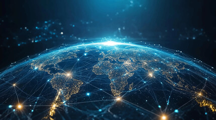 Night planet earth from space with light lines of communication and connection. Business and finance, concept. Global communications system and the World Wide Web. Technologies and communications.