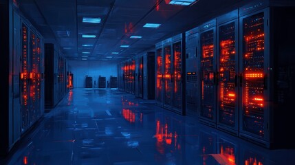 Futuristic Room with Glowing Digital Servers