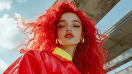 Fototapeta premium Fashion portrait of red-haired woman in bright outfit under clear blue sky with flowing hair