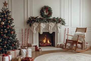 Minimalist Christmas room with white walls, decorated fireplace with stockings and wreaths, scattered gifts, rocking chair, and candy canes for a festive holiday atmosphere.