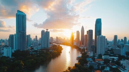 Fototapeta premium Aerial View of Bangkok Skyline at Sunset
