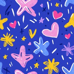 Seamless pattern abstract doodle design with stars, hearts, and flowers in vibrant colors on a dark blue background