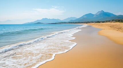 A serene beach with gentle waves lapping at golden sands under a clear sky and majestic mountains in the background during a sunny day