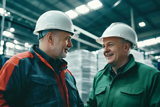 Two smiling middle-aged workers in hard hats discussing safety procedures in a colorful factory during the day
