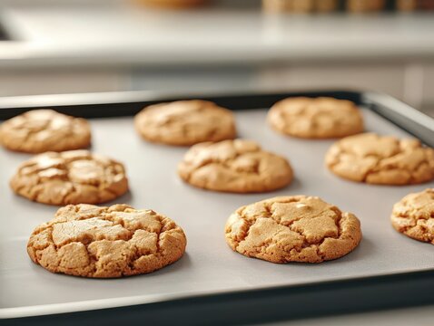 Freshly baked cookies on a tray, ready to be enjoyed, with a blurred kitchen background.