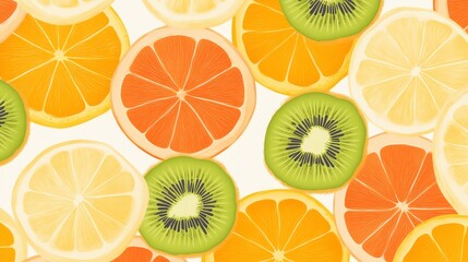 Obraz premium Bright Citrus Fruit Slices Pattern with Oranges, Lemons and Kiwi