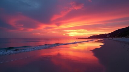 Fototapeta premium A beautiful sunset over the ocean with a beach in the background