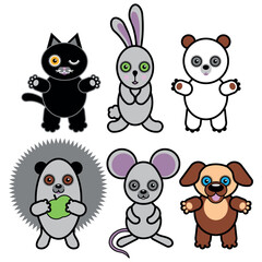 Vector toys set Bear Cat Bunny Mouse Hedgehog from the 90s.