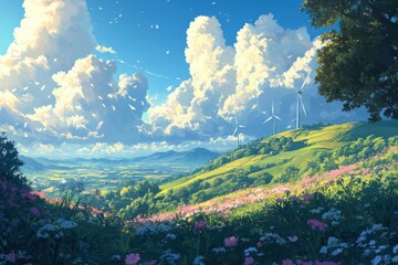 Wind Turbines on a Bright Hilltop Landscape