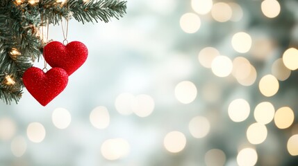 Sparkling red heart ornaments hang from a lush Christmas tree, surrounded by soft, blurred lights, This festive image can be used for holiday promotions, greeting cards, or romantic seasonal dÃ©cor,
