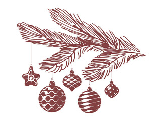 Fir branch with hanging balls and decorations. Christmas, new year holidays sketch. Hand drawn vintage vector drawing