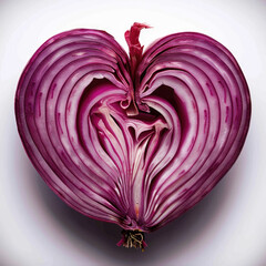 A halved red onion shaped like a heart