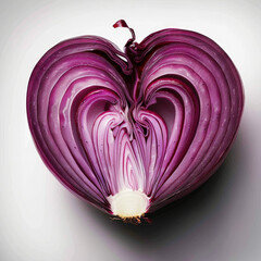 A halved red onion shaped like a heart