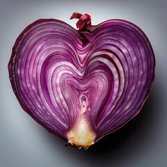 A halved red onion shaped like a heart