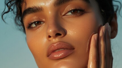 Close-up of young Indian woman with glowing skin and natural makeup, showcasing radiant beauty and healthy complexion