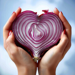 Women's hands holding a sliced red onion shaped like a heart