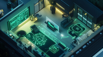 Fototapeta premium High-Tech Smart Home at Night with Glowing AI Control Panels, Wireframe Neon Connections, Aerial View of Connected Devices & Futuristic Gadgets