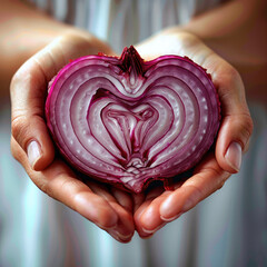 Women's hands holding a sliced red onion shaped like a heart