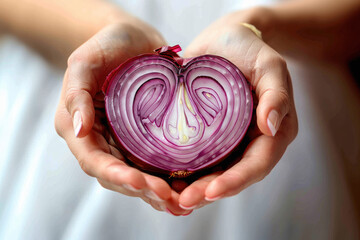 Women's hands holding a sliced red onion shaped like a heart