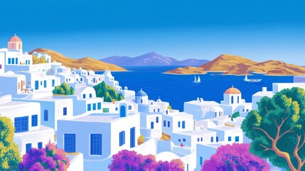 Naklejka premium Picturesque view of Greek island village with traditional white buildings and blue domes, ocean, and vibrant nature