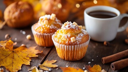 Autumn muffins with powdered sugar and coffee in cozy fall setting