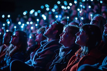 Audience captivated by a dazzling light display during an evening event in an outdoor venue, emphasizing wonder and excitement. Generative AI