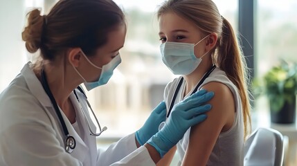 Pediatrician doctor injecting vaccine to child. make a vaccination against diphtheria, whooping cough and tetanus in the shoulder of a child girl. Copy space for text. World Immunization week. 