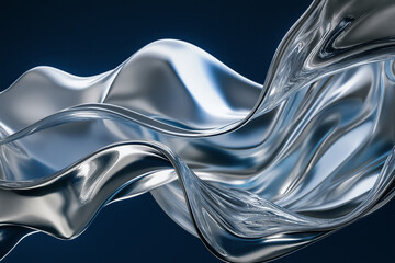 Flowing waves of liquid silver suspended in the air. The dark blue background with subtle highlights of light reflecting off the silver creates a feeling of fluidity and grace.