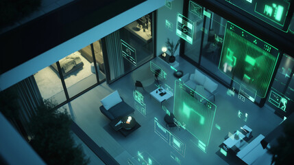 Fototapeta premium High-Tech Smart Home at Night with Glowing AI Control Panels, Wireframe Neon Connections, Aerial View of Connected Devices & Futuristic Gadgets