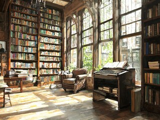 Sunlit Library with Bookshelves, Organ, and Armchair, a Haven for Reading and Relaxation